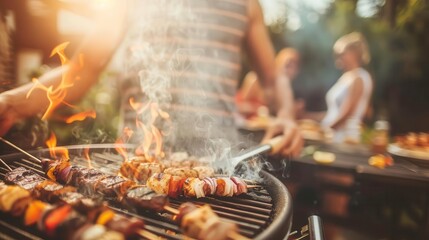 Obraz premium A vibrant outdoor barbecue scene with skewers grilling over a flame, showcasing the joy of summer gatherings and delicious food.