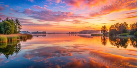 Obraz premium A Tranquil Sunset Reflection Over a Calm Lake, Trees Silhouetted Against the Vivid Sky, Photography, Landscape, Nature, Golden Hour , lake