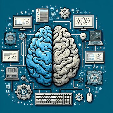 clean illustration brain computer algorithm merging
