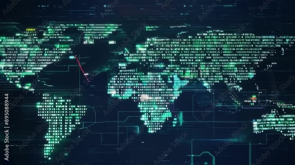 Aufkleber A digital world map is displayed with continents formed by glowing green binary code on a dark background.