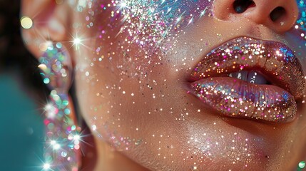 close-up of lips with colorful glitter makeup, woman’s face sparkling with stars and gloss, creating a shiny and glossy style for a vibrant and artistic look