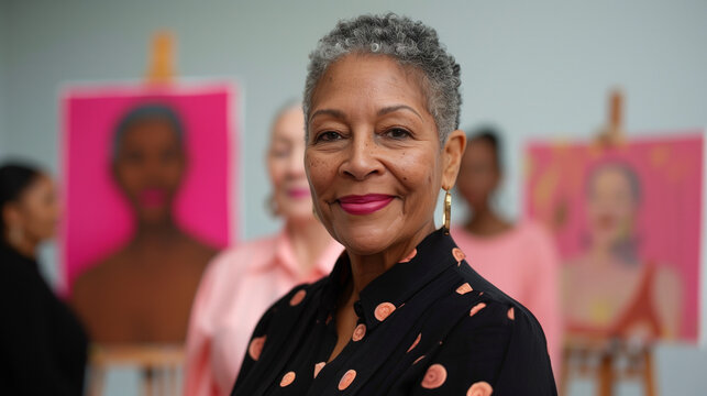 Mature black artist with gray hair proudly showcases vibrant artwork in a colorful art gallery, exuding happiness and diversity