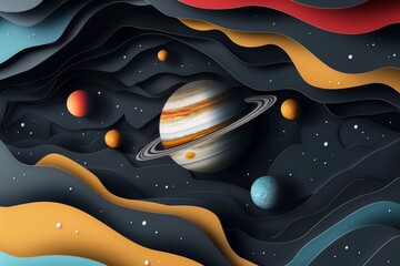 Obraz premium 3D illustration of planets in a dark grey space background with colorful wavy layers