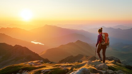 Obraz premium Woman with backpack standing on the top of mountain and enjoying the view. Travel concept. Achieving your dreams. Illustration for cover, card, postcard, interior design, decor or print.