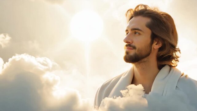 Close up Jesus portrait slowly mowing through heavenly, golden white light clouds. Peaceful and serene mood