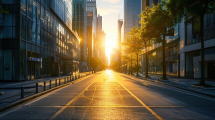Obraz premium Empty city street with tall modern buildings at sunrise, creating a tranquil and golden urban scene.