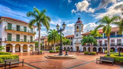 Obraz premium Colonial Plaza with Palm Trees and a Clock Tower, Panama City, Central America, tropical, plaza, architecture, clock tower