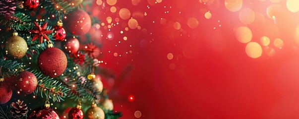 Festive Christmas Celebration: Isolated Xmas Tree on a Red Background with Baubles and Ornaments - Perfect for Holiday Cards or Banners