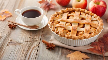 Fototapeta premium Classic Apple Pie Lattice Crust Topping Coffee Fall Autumn Theme
