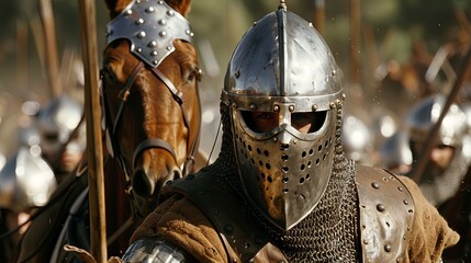 Naklejka premium Mounted detachment of medieval knights in metal armor and helmets ready for battle. Historical reconstruction of a battle on the battlefield. A group of armed horsemen of the past. Illustration.