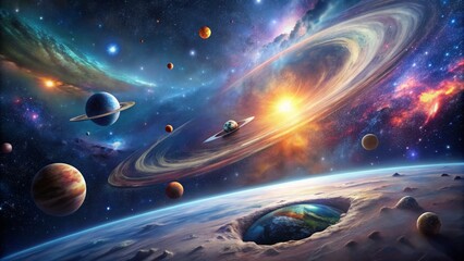 Cosmic Dance A Planetary Symphony of Color, Digital Art, Galaxy, Planets, Stars, space, universe