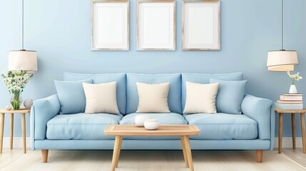 Modern living room with blue walls, blue sofa, and minimalist decor. Clean and fresh interior design with framed artwork and green plant.