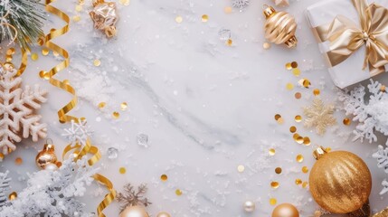 Golden and white Christmas decorations with gifts and sparkling confetti on a white background. Ideal for holiday themes and festive celebrations.