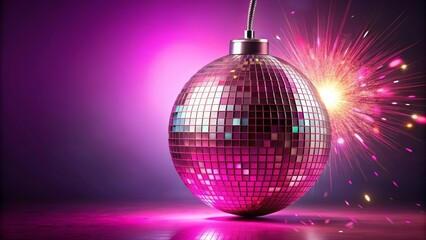 Fototapeta premium Disco Bomb Explosion - Pink Mirrored Sphere, 3D Render, Purple Background, Party, disco ball, night club, explosion