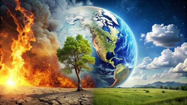 Earth in Flames, a Digital Painting Depicting a Burning Planet with a Green Tree and Lush Field, Climate Change, Global Warming, Environmental Crisis, Nature Disaster
