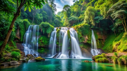 Emerald Cascades A Lush Rainforest Waterfall, Long Exposure, Vibrant Greens, Tranquility, Nature , Waterfall , Rainforest