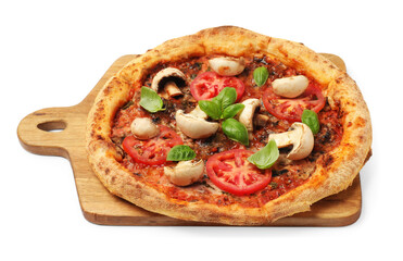 Tasty pizza with basil, mushrooms and tomato isolated on white