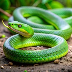 Fototapeta premium Emerald Green Snake Coiled in the Forest, Green Snake, Snake Scales, Reptilian Beauty, Nature Photography
