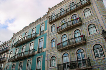 Typical colorful buildings in the center of Lisbon. Portuguese architecture in pombaline style.