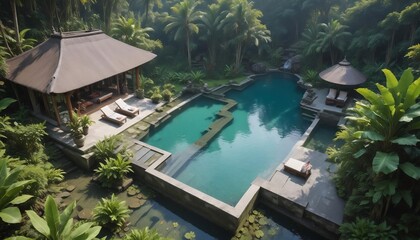 Tranquil Bali Retreat: A serene oasis in Bali, featuring a traditional Balinese villa with a sparkling pool surrounded by lush tropical greenery generative ai.