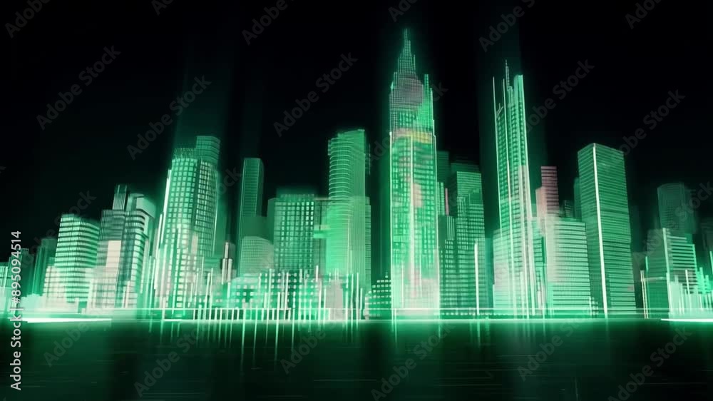 Poster A digital rendering of a cityscape with tall buildings outlined in green light. The buildings are reflected in a digital pool of water at the bottom of the frame.