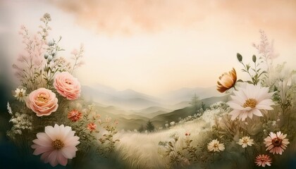 A serene landscape with misty hills in the background, surrounded by lush greenery and blooming flowers in the foreground. The scene is dreamy and tranquil, evoking a sense of calm and beauty
