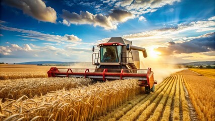 Fototapeta premium Harvesting Wheat at Sunset, Combine Harvester, Golden Field, Agriculture, Grain