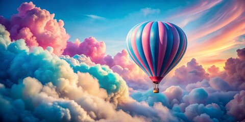 Naklejka premium Hot Air Balloon Soaring Through Dreamy Clouds, Digital Art, Colorful Sky, Hot Air Balloon, Dreamy Clouds, Digital Art, Sky