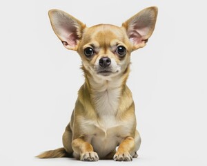 A Tan Chihuahua Sitting With One Ear Up Against a White Background. Generative AI