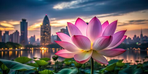 Lotus Bloom in Urban Sunset, Cityscape, Nature, Flower, Water Lily