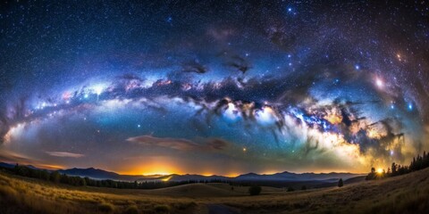 Fototapeta premium Milky Way Panorama Over Mountain Range, Night Sky, Stars, Landscape, Galaxy