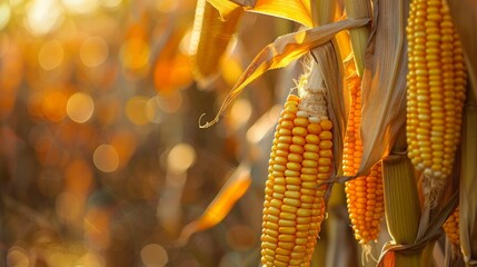 Field with golden corn, autumn landscape