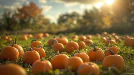 Pumpkins stacked in a field, autumn landscape