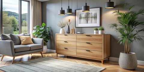 Modern Living Room with Wooden Dresser, Gray Sofa, and Plants, interior design , home decor , living room , furniture