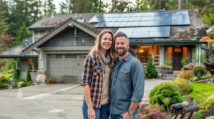 couple in front of house in garden, solar panels