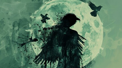 Dark silhouette of birdlike figure against full moon with flying birds