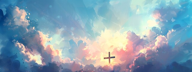 A cross of Jesus, with clouds and light behind it, in the style of a digital painting with a colorful illustration and impressionist oil color palette