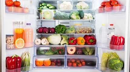 The shelves of the open refrigerator hold a variety of fresh fruits and vegetables. Vegetarian healthy food in bright colors. Illustration for cover, card, interior design, brochure or presentation.