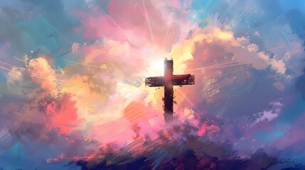 A cross of Jesus, with clouds and light behind it, in the style of a digital painting with a colorful illustration and impressionist oil color palette