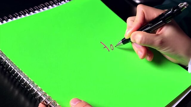 Close up of a man's hand writing something on a spiral notepad only the notepad is a chroma key green screen.