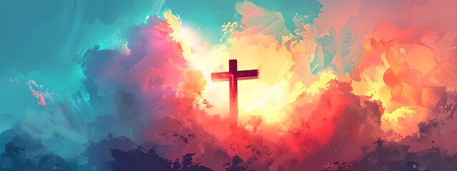 A cross of Jesus, with clouds and light behind it, in the style of a digital painting with a colorful illustration and impressionist oil color palette