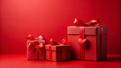 Obraz premium Red Gift Boxes with Heart on Red Background, Gift, Valentine's Day, Love, Romance