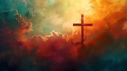 A cross of Jesus, with clouds and light behind it, in the style of a digital painting with a colorful illustration and impressionist oil color palette