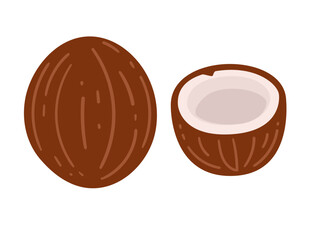 Two coconuts, one whole and one halved. Exotic eating, natural nutrition. Cartoon simple design. Vector illustration isolated on white background