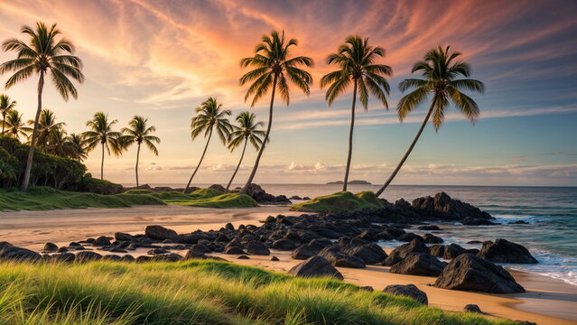 Idyllic Hawaiian Beach with Palm Trees at Sunset,Landscape photograph of a tropical beach at sunset. 