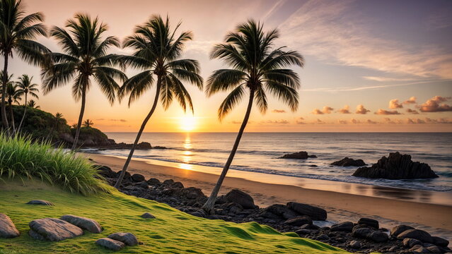 Landscape photograph of a tropical beach at sunset. Idyllic Hawaiian Beach with Palm Trees at Sunset