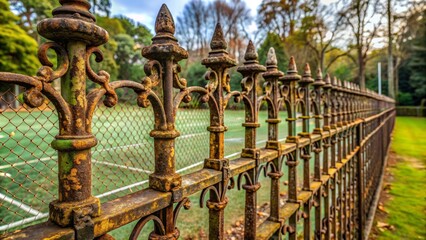 Naklejka premium Rusty Iron Fence with Ornate Details, Close-Up Perspective, fence , rust , metal , detail