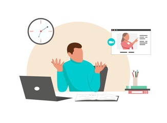 Confused worker in office not understanding the task and what to do sitting at laptop. Vector colourful illustration isolated on white background.