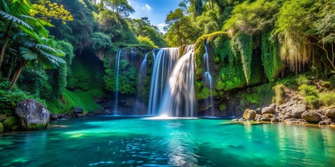 Naklejka premium Serene Waterfall Cascading into Tranquil Lagoon, Lush Greenery, Tropical Paradise, Waterfall, Lagoon, Nature, Tropical