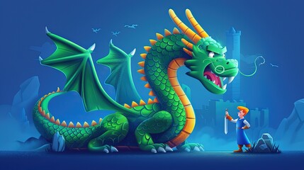 Obraz premium Salaryman fighting debt dragon, flat design illustration